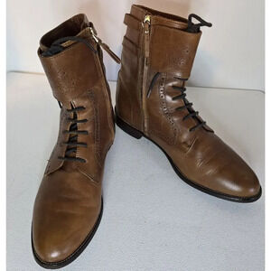 Women's Massimo Dutti Tan leather Combat Moto Boots Buckles US 10 Euro 41